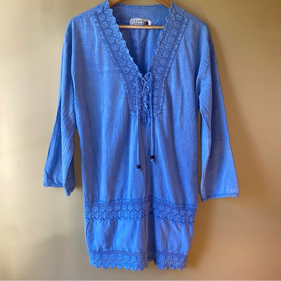 SeaSpice Women's Medium Blue Cover Up Dress Tunic 100% Cotton Boho Crochet - Picture 1 of 12
